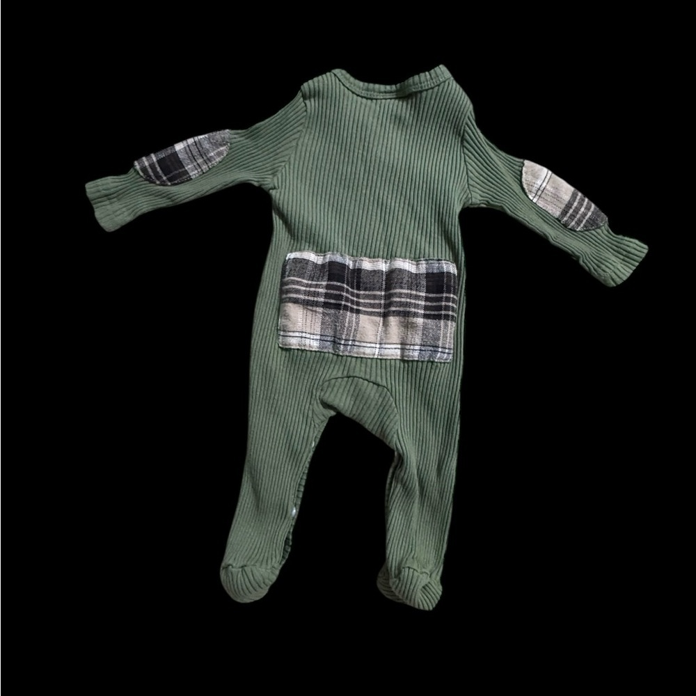 Olive Kids Ribbed Footie with Plaid Patches - Picture 2 of 3
